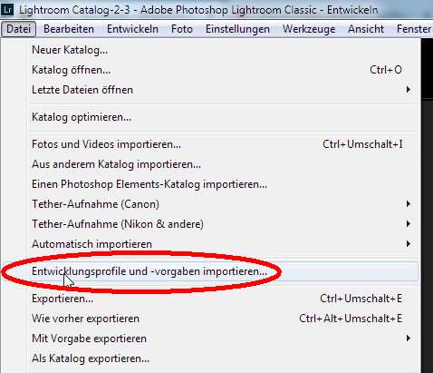 Abb. 3 - Entwicklungsprofile und -vorgaben importieren